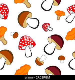 The theme of a variety of mushrooms on a white background. Vector seamless illustration. Stock Vector