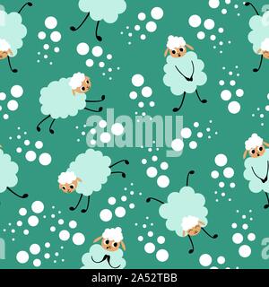 Seamless pattern with cartoon sheep in different poses and situations. Cute animals with circles on green background. Flat vector illustration. Stock Vector
