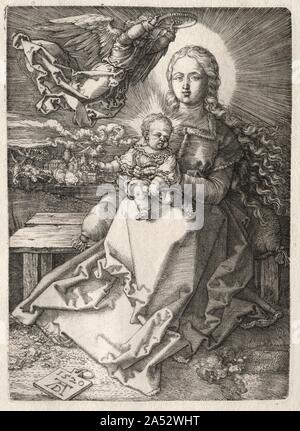 Virgin Crowned by an Angel, 1520. The boundary between heaven and earth is obscured in this engraving as an angel descends to crown the Virgin with a simple diadem. Although she is plainly dressed and sits on a simple wooden bench, D&#xfc;rer portrays Mary as the Queen of Heaven. Her direct gaze communicates her role as an intermediary with God for the sake of humankind. Like his Virgin with the Swaddled Child of the same year, D&#xfc;rer employed a halo emitting dense striations of light to emphasize the Virgin&#x2019;s holiness. He considered the two part of a set of three engravings and gav Stock Photo