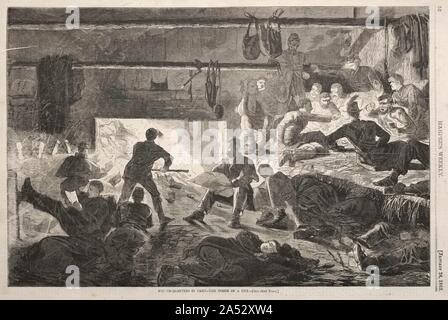 Winter Quarters in Camp - The Inside of a Hut, 1863. Stock Photo