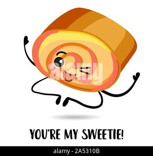 Sponge cake. Cartoon character with arms and legs and a smile and eyes. Stock Vector