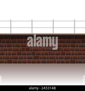 Wall with barbed wire. Seamless extendable illustration on white background. Stock Photo