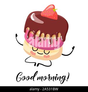 Good morning. Postcard. Cupcake with chocolate icing. Cute cartoon character on a white background.. Stock Vector