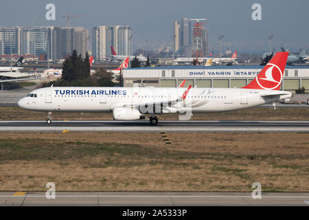 Istanbul / Turkey - March 27, 2019: Turkish Airlines Airbus A321 TC-JSZ passenger plane departure at Istanbul Ataturk Airport Stock Photo