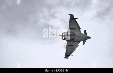 Italian Air Force F-2000A Typhoon fighter jet performing at the 2019 Royal International Air Tattoo