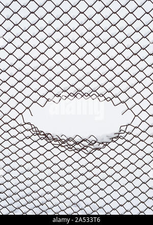 Winter background with oval frame. Abstraction in an urban environment. The hole in the mesh of the wire fence Stock Photo