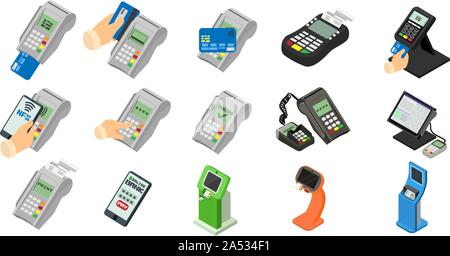 Bank terminal icons set. Isometric set of bank terminal vector icons for web design isolated on white background Stock Vector