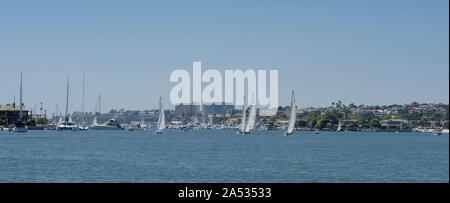 Sailboats in the harbor between Balboa Peninsula and Balboa Island, California, USA Stock Photo