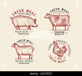 Meat set of labels. Butcher shop symbol. Vintage vector illustration Stock Vector