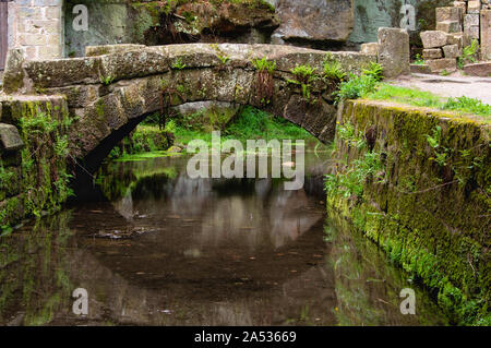 moss overgrown bridge over the millrace at the ruins of the old water mill at Dolny Mlyn in Bohemian Switzerland national park Stock Photo