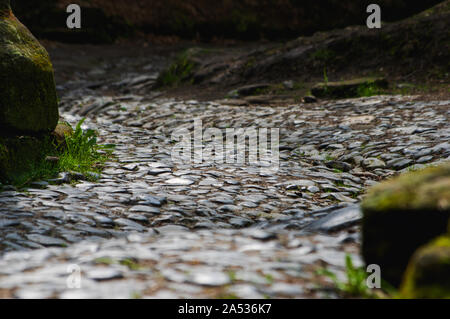 close up of ancient historic cobble stone paved street near Dolny Mlyn in Bohemian Switzerland national park Stock Photo