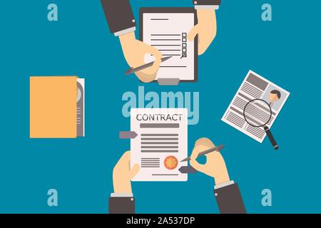recruitment of human resources, review of new employee contract, the recruiter verifies the selection process Stock Photo