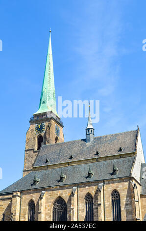 Close up picture of Gothic Saint Bartholomew Cathedral in Pilsen, Czech Republic. Historic cathedral in the old town. The city is known as Plzen in Czech and is famous for its beer. Bohemia, Czechia. Stock Photo