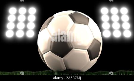 A 3D illustration of a soccer ball on green grass at night under floodlights Stock Photo