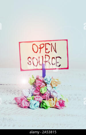 Writing note showing Open Source. Business concept for denoting software which original source code freely available Reminder pile colored crumpled pa Stock Photo