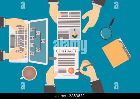 recruitment of human resources, review of new employee contract, the recruiter verifies the curriculum vitae and his assistant shows. Stock Photo