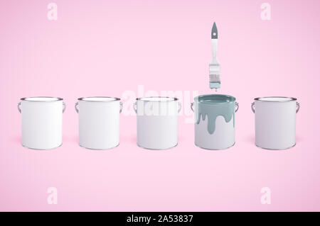3d rendering of five cans of paint in a row, one of them open with grey paint running down on its outside and a paintbrush in mid-air above. Stock Photo