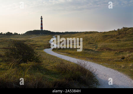 Path leading towards vuurtoren, the lighthouse of Ameland early in the morning Stock Photo