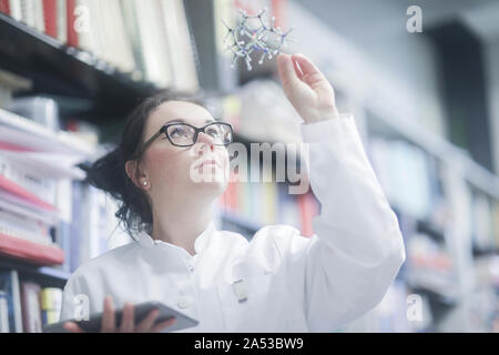 young scientist female with model in a library Stock Photo