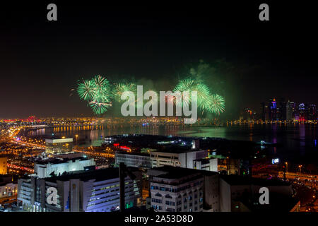 Fireworks on Qatar National day at Doha Corniche Stock Photo