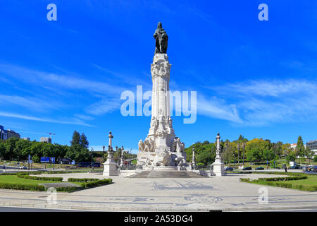 Ornamental column monument to Sebastião José de Carvalho e Melo, 1st Marquis of Pombal in Marquis of Pombal Square, Lisbon, Portugal. Stock Photo