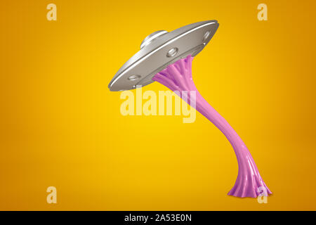 3d rendering of pink bubble gum stuck to silver metal UFO on yellow background Stock Photo