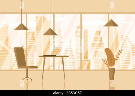Empty modern business ceo room design workplace. Creative office workspace with big window desktop laptop and furniture in interior. Vector open space indoor illustration Stock Vector