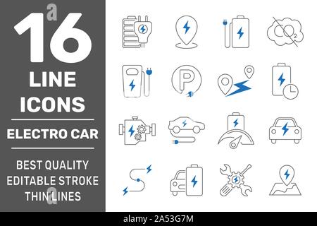 Simple set of electro car related vector line icons. Contains such icons as charger station, travel distance, battery of car and more. Editable Stroke Stock Vector