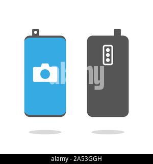 Frameless smartphone with retractable front camera and camera icon on the screen. Smartphone with front retractable camera. Modern phone sign, vector Stock Vector