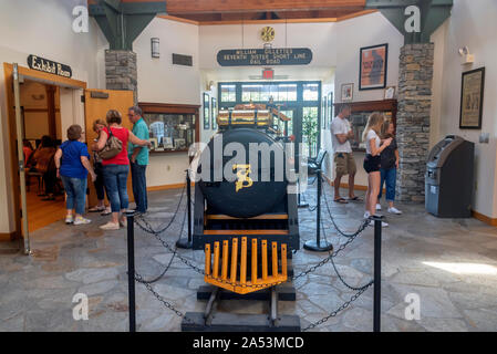 Old electric locomotive, Visitor Center of Gillette Castle State Park, Gillette Castle, Once Home of ‘Sherlock Holmes Park ,East Haddam, Connecticut, Stock Photo