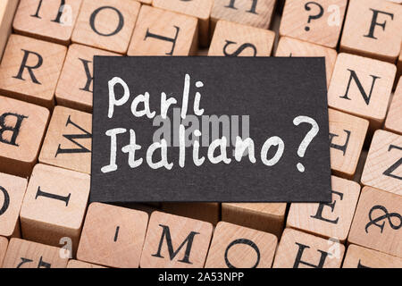 Speak Italian Question On Small Letter Wooden Blocks Stock Photo