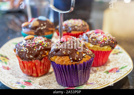 Chocolate covered cupcakes, with sprinkles on top Stock Photo