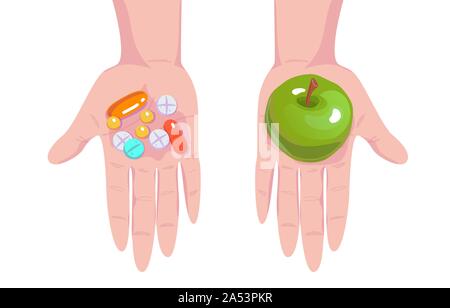 Choosing between medicine pills and natural treatment. Making decision between organic nutrition and medical tablets. Vegetables vs pharmacy drug. Diet food concept. Apple or pill on palms isolated white Stock Vector