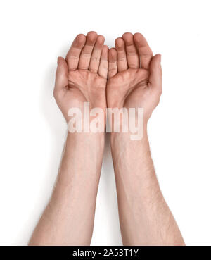 Grasping hands of a man, isolated on white background Stock Photo