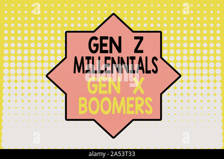 Writing note showing Gen Z Millennials Gen X Boomers. Business concept for Generational differences Old Young showing Vanishing dots middle background Stock Photo