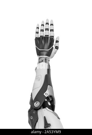 3d rendering of a white and black robotic hand shown vertically from the back of the palm. Stock Photo