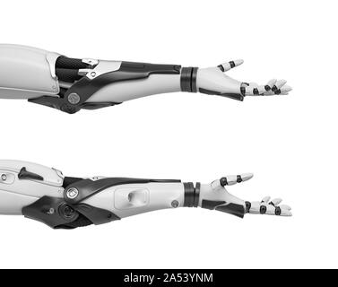 3d rendering of two black and white robotic arms shown horizontally with open palms in friendly gesture. Stock Photo