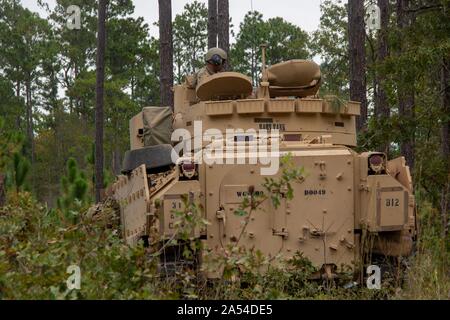 M2A2 Bradley Fighting Vehicle crew, named ”Baby Tank”, assigned to Bravo Troop, 6th Squadron, 8th Cavalry Regiment, 2nd Armored Brigade Combat Team, tactically guards a fighting position during Gila Focus in support of the 9th Brigade Engineer Battalion at Fort Stewart, Ga., Oct. 9. Bradley crews conducted a variety of reconnaissance missions while supporting 9BEB during Halo Focus. (U.S. Army photo by Spc. Christian Davis/released) Stock Photo