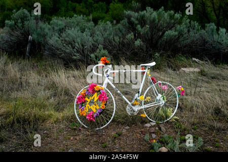 NM00113-00...NEW MEXICO - Ghost Bike near Lake Roberts along State Highway 35, Grant County. A Ghost Bike is memorial to a cyclist. Stock Photo