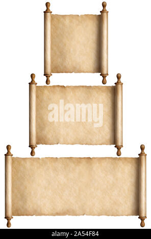 parchment scrolls or old papers of various sizes isolated Stock Photo