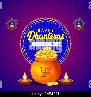 Happy Dhanteras Discounts Banner. Diwali Festival with Gold coins pot, Sale Offer, Logo design, Sticker, Concept, Greeting Card Template, Icon, Poster Stock Vector