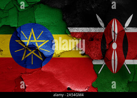 flags of Ethiopia and Kenya painted on cracked wall Stock Photo