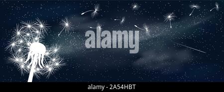 Space background. Fluffy dandelion in the background of the universe. Shining stars and nebula. Night starry sky. Stock Vector