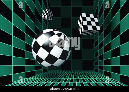 Digital checkered room with 3D figures Stock Vector