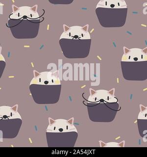 seamless vector pattern with cute animal shaped cupcakes on a pastel purple bacground Stock Vector