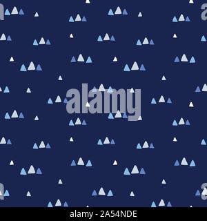 Sweet vector seamless repeat pattern of hand drawn small triangles in blue. and white. A fun abstract repeat design background. Stock Vector