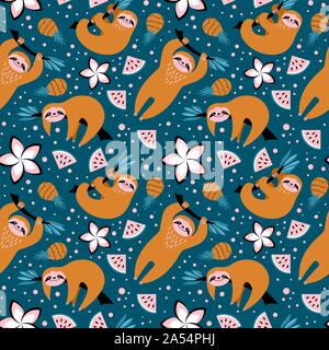 Seamless pattern with cute sloths, fruits and flowers on blue background. Trendy print with exotic animal. Vector illustration. Stock Vector