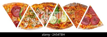 Six pieces of different pizzas. Top view. Isolated on a white background. Stock Photo