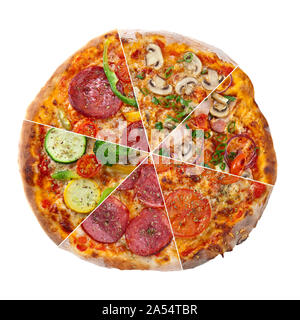 Collage of different fresh pizzas.  Six pieces of different pizzas. Top view. Stock Photo