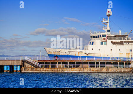 DEC 1, 2018 Hakkodate, Japan - Hakkodate port Seikan Mashu Maru Ferry memorial ship and Ika square in winter. Ship was main transportation between Aom Stock Photo